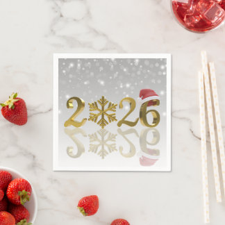 Santa Hat and Snowflake | Happy New Year Gold 2026 Napkin