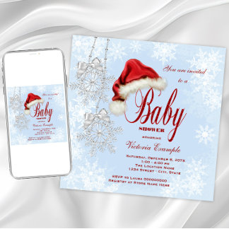 Santa Hat and Snowflakes Christmas Baby Shower Invitation