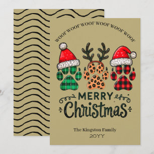 Santa Hat Antlers and Paw Prints Gold Christmas Holiday Card