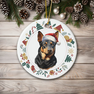 Santa Hat Australian Kelpie Dog Christmas Wreath Ceramic Ornament