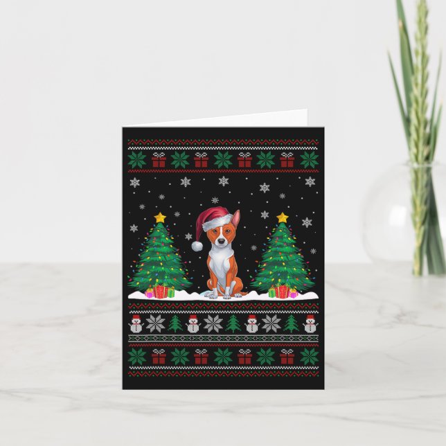 Santa Hat Basenji Dog Christmas Tree Lights Ugly S Card (Front)