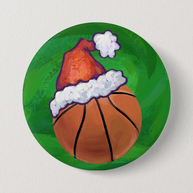 Santa Hat Basketball on Green 7.5 Cm Round Badge (Front)