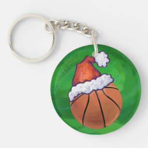 Santa Hat Basketball on Green Key Ring