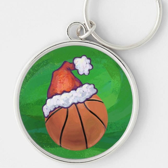 Santa Hat Basketball on Green Key Ring (Front)