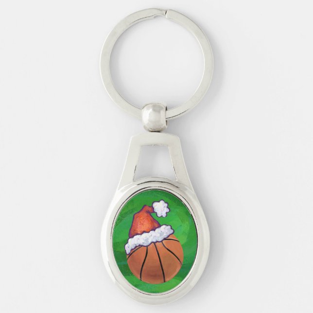 Santa Hat Basketball on Green Key Ring (Front)