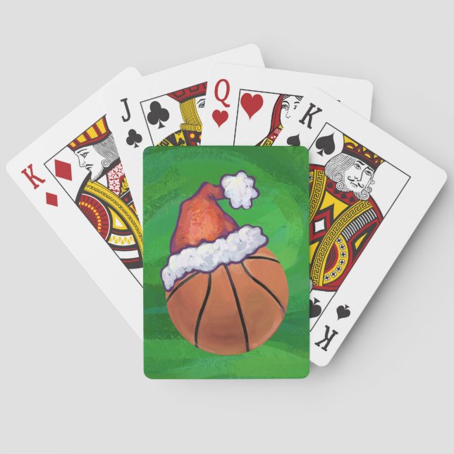 Santa Hat Basketball on Green Playing Cards (Back)