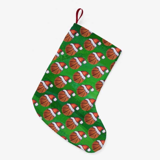 Santa Hat Basketball on Green Small Christmas Stocking (Front (Hanging))