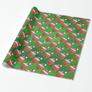Santa Hat Basketball on Green Wrapping Paper