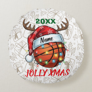  Santa Hat Basketball Reindeer Christmas Fun Sport Round Cushion