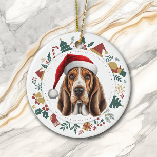 Santa Hat Basset Hound Dog Christmas Images Wreath Ceramic Ornament
