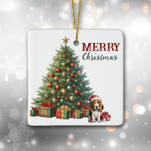 Santa Hat Basset Hound Puppy Christmas Tree Ceramic Ornament