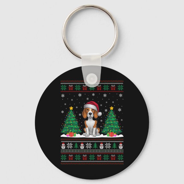Santa Hat Beagle Dog Christmas Tree Lights Ugly Sw Key Ring (Front)