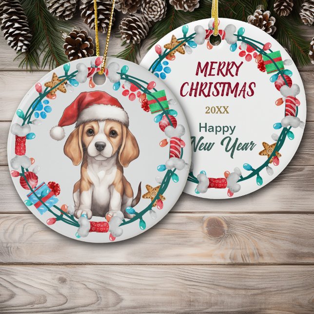 Santa Hat Beagle Puppy Bone Wreath Ceramic Ornament (Creator Uploaded)