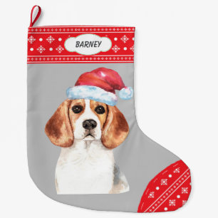 Santa Hat Beagle Snowflake Border Large Christmas Stocking