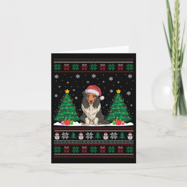 Santa Hat Bearded Collie Dog Xmas Tree Lights Ugly Card (Front)