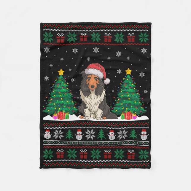 Santa Hat Bearded Collie Dog Xmas Tree Lights Ugly Fleece Blanket (Front)