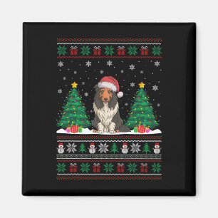 Santa Hat Bearded Collie Dog Xmas Tree Lights Ugly Magnet