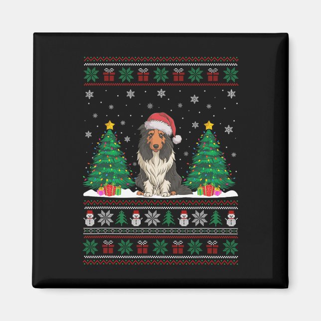 Santa Hat Bearded Collie Dog Xmas Tree Lights Ugly Magnet (Front)