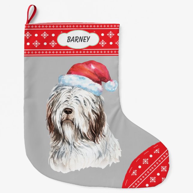 Santa Hat Bearded Collie Snowflake Border Large Christmas Stocking (Front)