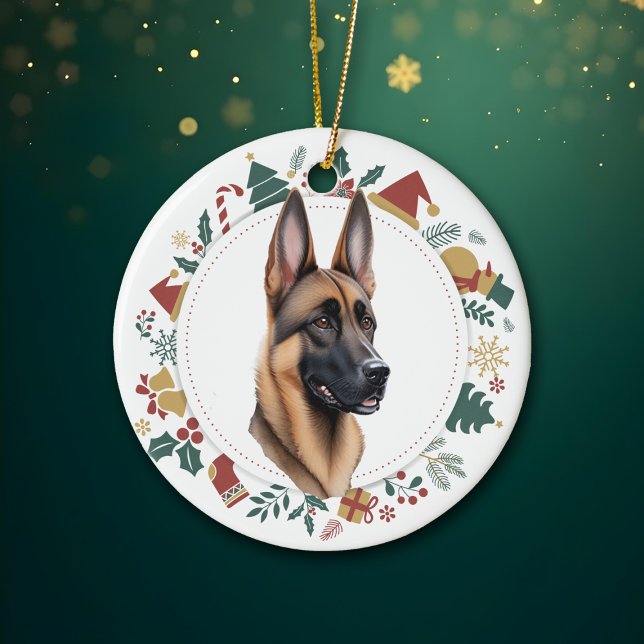 Santa Hat Belgian Malinois Dog Christmas Wreath Ceramic Ornament (Creator Uploaded)