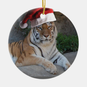 Santa Hat Bengal Tiger Ceramic Ornament