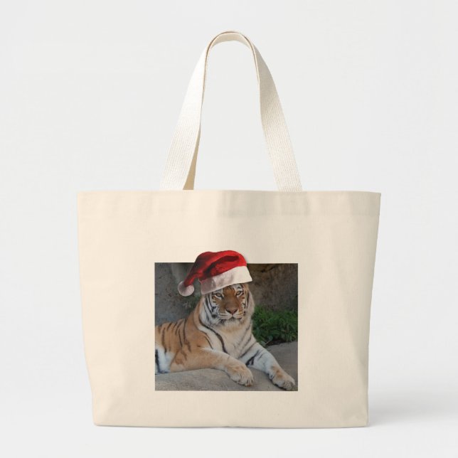 Santa Hat Bengal Tiger Large Tote Bag (Front)