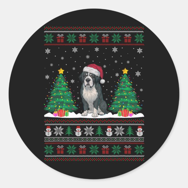 Santa Hat Bernard Dog Christmas Tree Lights Ugly S Classic Round Sticker (Front)