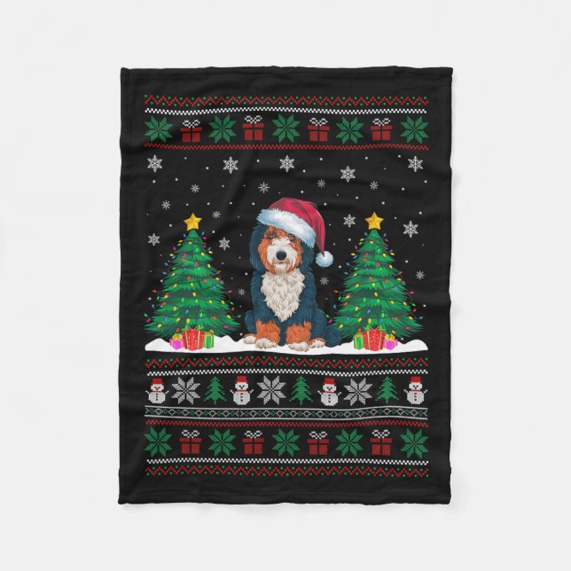 Santa Hat Bernedoodle Dog Christmas Tree Lights Ug Fleece Blanket (Front)