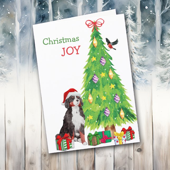 Santa Hat Bernese Mountain Dog and Christmas Tree Holiday Card (Creator Uploaded)