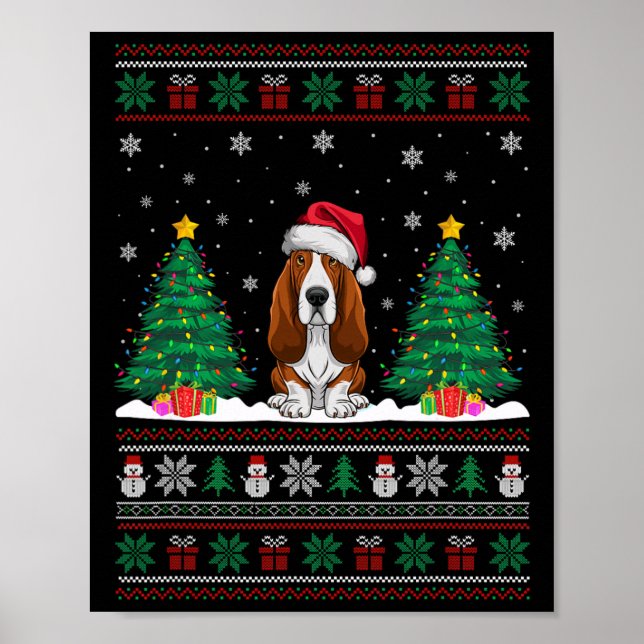 Santa Hat Bet Hound Dog Xmas Tree Lights Ugly Swea Poster (Front)