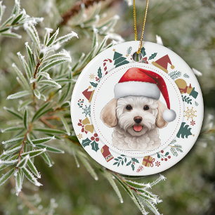 Santa Hat Bichon Frise Dog Christmas Images Wreath Ceramic Ornament