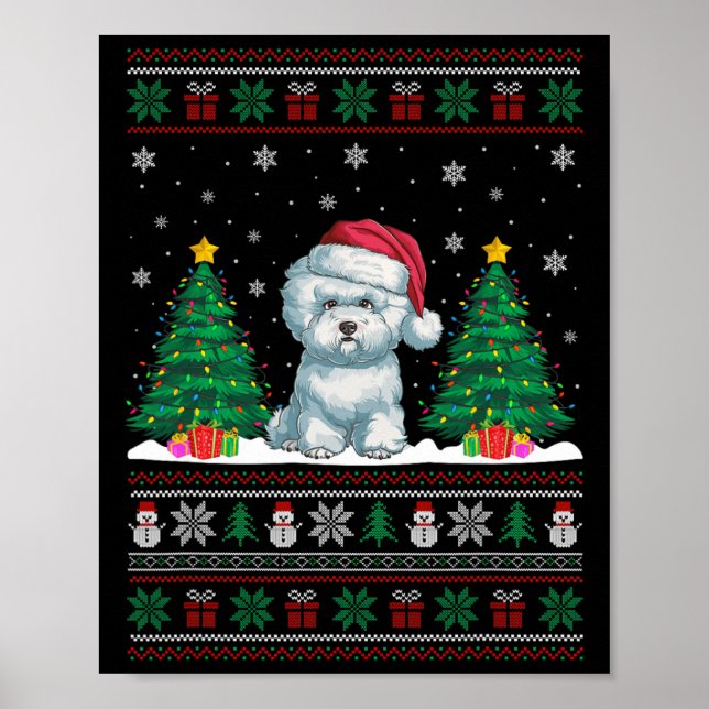 Santa Hat Bichon Frise Dog Xmas Tree Lights Ugly S Poster (Front)