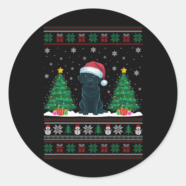 Santa Hat Black Labrador Dog Xmas Tree Lights Ugly Classic Round Sticker (Front)