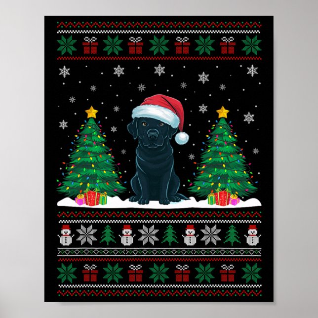 Santa Hat Black Labrador Dog Xmas Tree Lights Ugly Poster (Front)
