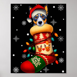 Santa Hat Blue Heeler Dog In Christmas Socks Men W Poster