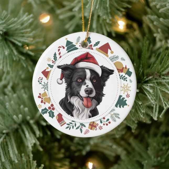 Santa Hat Border Collie Christmas Images Wreath Ceramic Ornament (Tree)