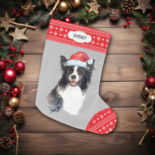 Santa Hat Border Collie Snowflake Border Large Christmas Stocking
