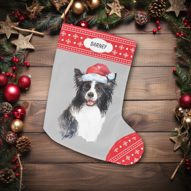 Santa Hat Border Collie Snowflake Border Large Christmas Stocking (Creator Uploaded)