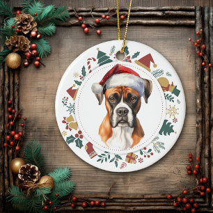Santa Hat Boxer Dog Christmas Images Wreath Ceramic Ornament