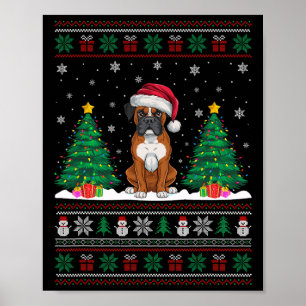 Santa Hat Boxer Dog Christmas Tree Lights Ugly Swe Poster
