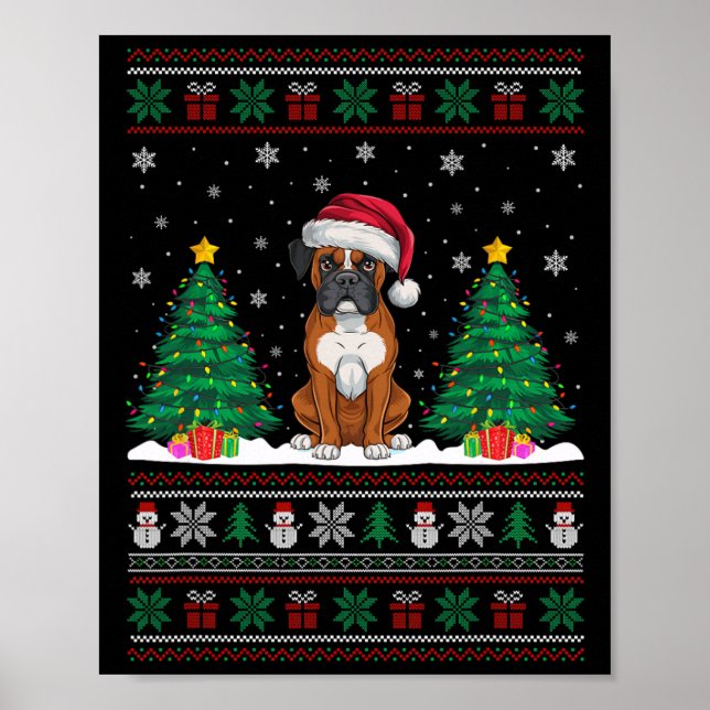 Santa Hat Boxer Dog Christmas Tree Lights Ugly Swe Poster (Front)