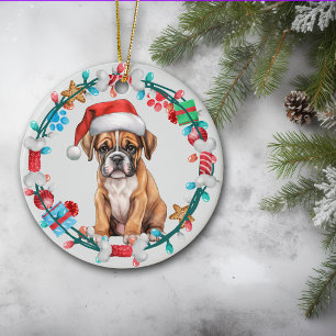Santa Hat Boxer Puppy Bone Wreath Ceramic Ornament