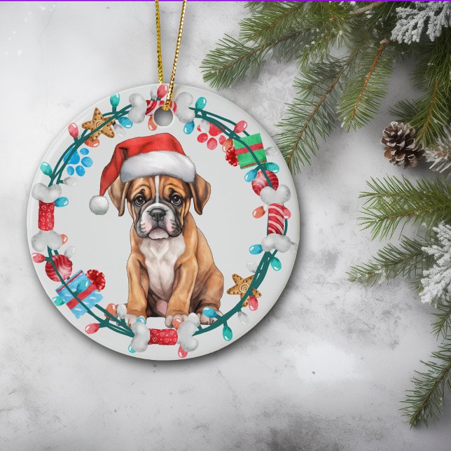 Santa Hat Boxer Puppy Bone Wreath Ceramic Ornament (Creator Uploaded)