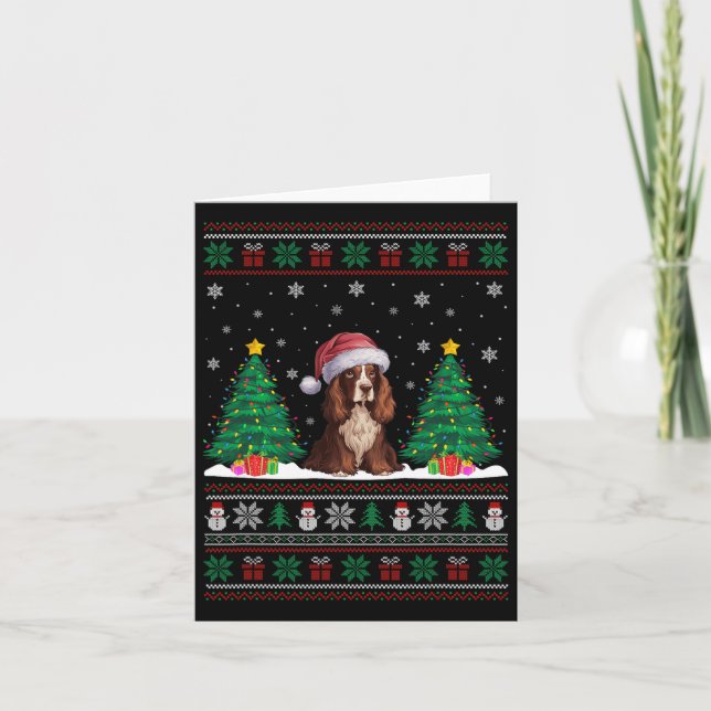 Santa Hat Boykin Spaniel Dog Xmas Tree Lights Ugly Card (Front)