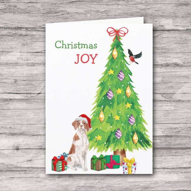 Santa Hat Brittany Dog and Holiday Tree Card (Creator Uploaded)