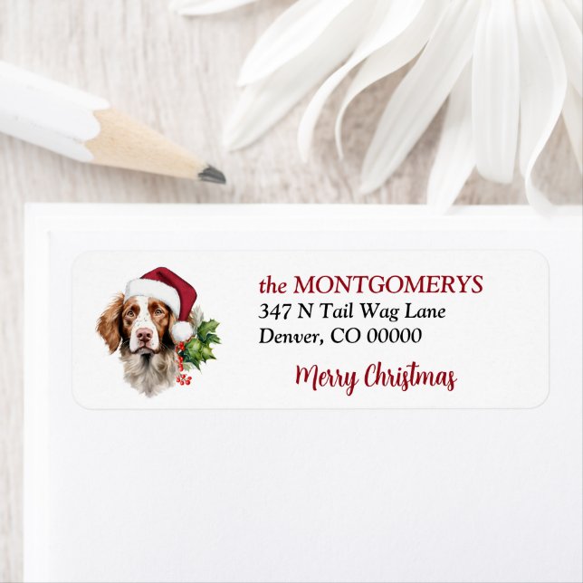 Santa Hat Brittany Dog Christmas Return Address Label (Insitu)
