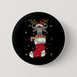 Santa Hat Buffalo Animal In Socks Xmas Tree Lights 6 Cm Round Badge
