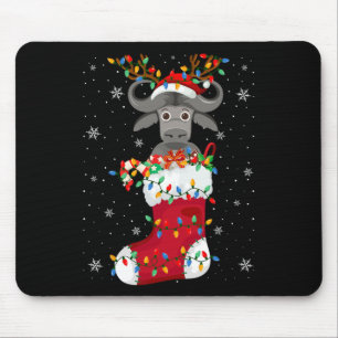 Santa Hat Buffalo Animal In Socks Xmas Tree Lights Mouse Pad