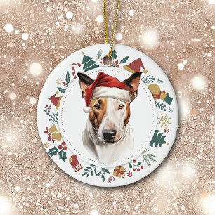 Santa Hat Bull Terrier Dog Holiday Images Wreath Ceramic Ornament