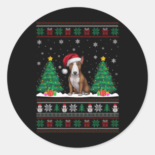 Santa Hat Bull Terrier Dog Xmas Tree Lights Ugly S Classic Round Sticker